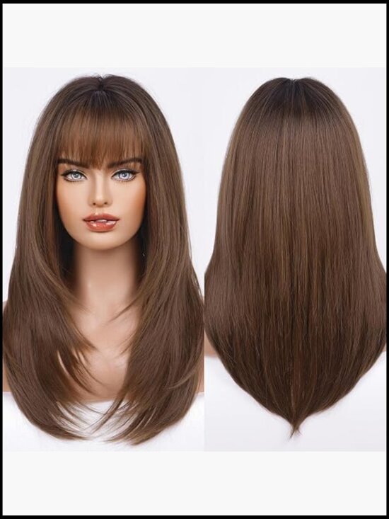 Long Straight Wig with Bangs Heat Resistant Synthetic Fiber Full Coverage main image 6